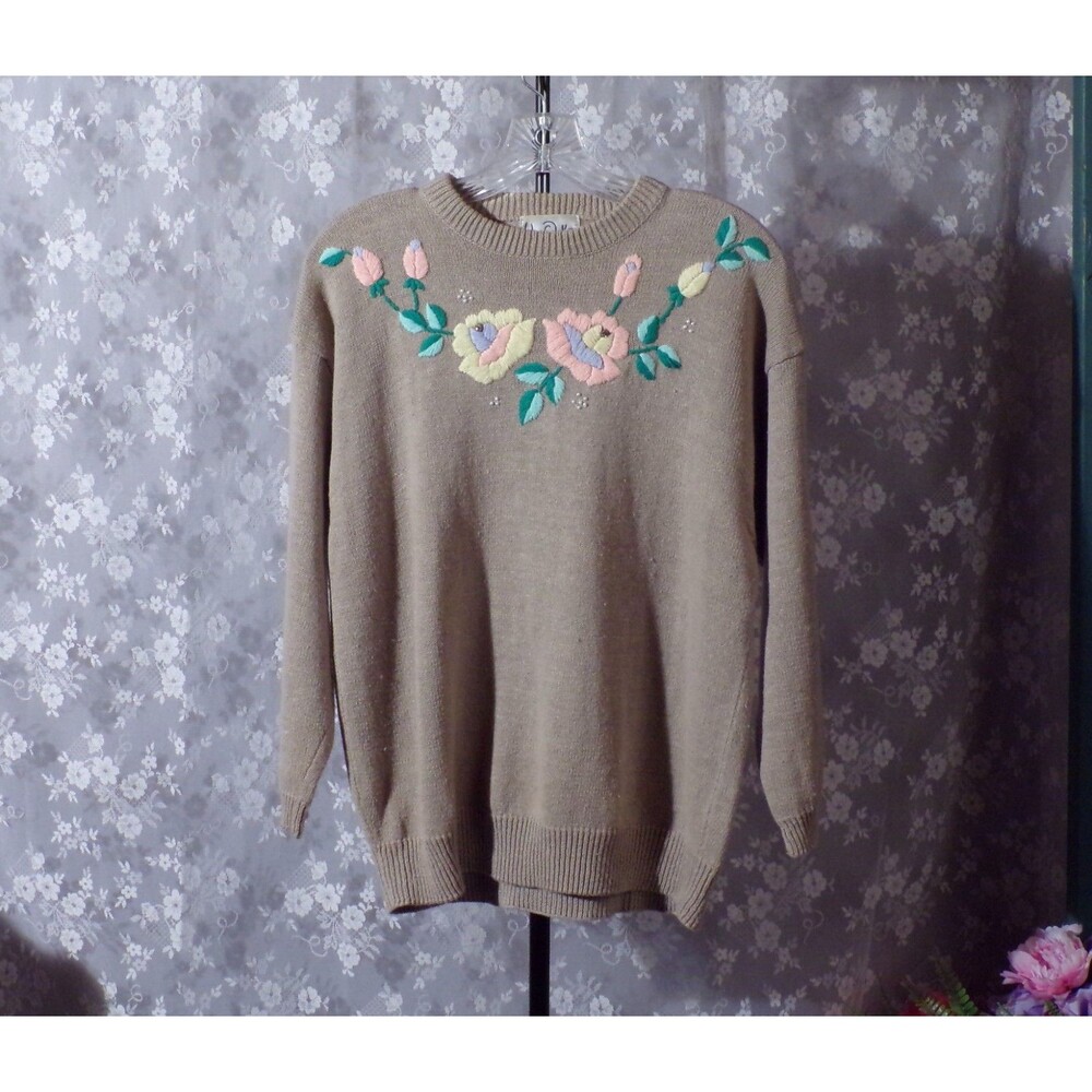 Vintage 90s Floral Sweater Size Large 1990s Retro Boho Hippie Pastel Artsy Cute